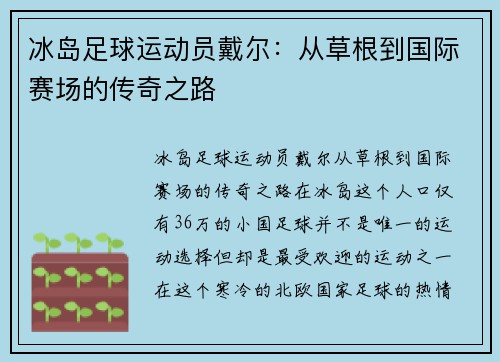 冰岛足球运动员戴尔：从草根到国际赛场的传奇之路